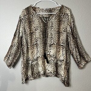 New Direction 100% Viscose Leopard Print Long Sleeve Blouse With Tassel